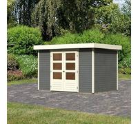 Karibu Askola 4 | Abri de Jardin Bois Massif Gris Terre 6,55m² | Double Porte Vitrée & Toiture Feutre Bitumé | Résistant UV et Intempéries | Dimensions 302x217cm