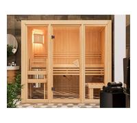 Karibu Avari 2 | Sauna d'intérieur Traditionnel 2-3 Places en Bois Massif avec Poêle Easy Bio 3,6KW | Façade Vitrée, Banc en Tremble, Isolation Laine Minérale | Dimensions 216x122cm
