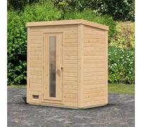 Karibu Hytti | Sauna Extérieur Bois Massif Épicéa Nordique 38mm 2 Places | 196x113cm avec Poêle 9kW Contrôle Externe | Porte Verre Isolant et Plancher Inclus | Naturel