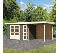 Karibu Kerko 5 | Abri de Jardin Bois Massif Gris Terre 7,43m² avec Appentis 240cm et Paroi Arrière | Double Porte Vitrée, Fenêtres Plexi, Toiture Bois 16mm
