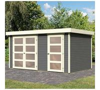 Karibu Mühlentrup 2 | Abri de Jardin Bois Massif Gris Terre 10,98m² avec Cloison | Toit Monopente, Double Porte Vitrée, Fenêtre Plexi, Kit Fondation Optionnel