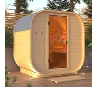 Karibu Sauna d'Extérieur Tonneau Quadro 1 | 2-4 Places, Épicéa Nordique, 199x175 cm | Poêle Électrique 9 KW, Porte Vitrée, Plancher Inclus | Structure Robuste 38mm
