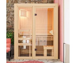 Karibu Sauna d'Intérieur Avari 1 | 1-2 Places, Bois Massif, Façade Vitrée | Poêle 3,6KW, Banc en Tremble, Isolation Laine Minérale | Dimensions 155x122cm