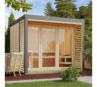 Karibu Sauna Extérieur Ares 3 | 6-8 Places, Bois Massif Épicéa 38mm, Terrasse avec Parois à Lamelles | Dimensions 276x276cm, Fenêtre Panoramique, Bancs en Tremble, Plancher et Embase Inclus