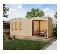 Karibu Sauna Extérieur Monterey | 4-6 Places, Bois Massif Noir, 12,42m² | Poêle 9kW, Plancher, 3 Fenêtres, Porte Vitrée Coulissante | Toit Plat, Isolation Laine Minérale