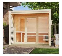 Karibu Sauna Extérieur Tonneau 3-5 Places en Épicéa Nordique 38mm | Poêle 9kW Contrôle Externe | Terrasse, Parois Vitrées, Bancs en Tremble | Dimensions 276x276cm