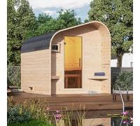 Karibu Sauna Extérieur Tonneau 4-6 Places Bois Massif Épicéa Nordique 38mm | Porte Vitrée, Poêle 9KW, 3 Bancs en Tremble | Dimensions 219x295cm | Toit Isolant