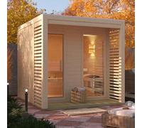 Karibu Sauna Extérieur Tonneau Angkor 2 | 4-6 Places, Bois Épicéa Nordique 38mm, Poêle 9KW, Terrasse | Vue Panoramique, Ventilation, Kit Installation Complet