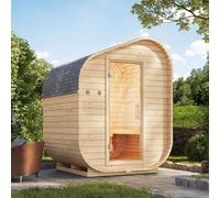 Karibu Sauna Extérieur Tonneau Asymétrique | 2-4 Places, Bois Massif Épicéa Nordique 38mm | Porte Vitrée, Toit Isolant, 199x175cm | avec Poêle Électrique en Option