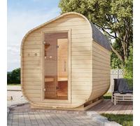 Karibu Sauna Extérieur Tonneau Asymétrique 4 Places | Épicéa Nordique, Porte Vitrée, Poêle 9kW | Dimensions 199x355cm, Parois 38mm