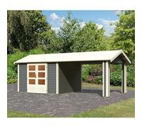 Karibu Theres 7 | Abri de Jardin Bois Massif Gris Terre 9,24m² avec Auvent | Terrasse Couverte 300cm | Épicéa Nordique | Double Porte Vitrée | Toiture Bois 16mm | Hauteur Faîtage 250cm