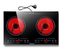 Karienvir Plaque Vitrocéramique 2 Feux à Poser, Plaque Electrique Posable 2 Foyers, Plaque de Cuisson Electrique Portable avec Prise VDE, Sécurité Enfant, Embellissements bleus