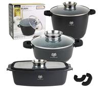 KARL HAUSAMNN Set de Casseroles Induction Noir - 3 Mange - 4.4 + 5.5 + 6.2 L - Batterie de Cuisine Fonte d'Aluminium - Marmite Couvercle en Verre - Casserole Tous Feux - Revêtement Antiadhésif