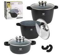 KARL HAUSAMNN Set de Casseroles Induction Noir - 3 Mange - 4.4 + 6.2 + 10 L - Batterie de Cuisine Fonte d'Aluminium - Marmite Couvercle en Verre - Casserole Tous Feux - Revêtement Antiadhésif