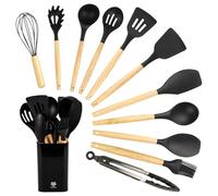 KARL HAUSMANN Lot de 12 ustensiles de cuisine noirs - Ustensiles de cuisine en silicone - Avec bloc - Résistants à la chaleur - Poignée en bois - Set de cuisine anti-adhésif - Couverts de cuisine