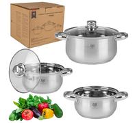 KARL HAUSMANN Lot de 3 Casseroles Induction Inox - Avec Couvercle Verre - Sans Revêtement - Compatibles Cuisinière, Gaz, Électrique - Graduation Intégrée - Set Casserole Tout Feux Cuisine