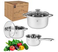 KARL HAUSMANN Lot de 3 Casseroles Induction Inox - Avec Couvercle Verre - Sans Revêtement - Compatibles Cuisinière, Gaz, Électrique - Graduation Intégrée - Set Casserole Tout Feux Cuisine