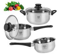 KARL HAUSMANN Lot de 3 Casseroles Induction Inox - Avec Couvercle Verre - Sans Revêtement - Compatibles Cuisinière, Gaz, Électrique - Graduation Intégrée - Set Casserole Tout Feux Cuisine