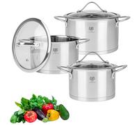 KARL HAUSMANN Lot de 3 Casseroles Induction Inox - Avec Couvercle Verre - Sans Revêtement - Compatibles Cuisinière, Gaz, Électrique - Graduation Intégrée - Set Casserole Tout Feux Cuisine