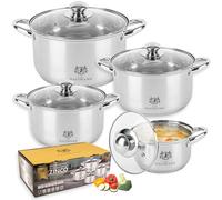 KARL HAUSMANN Lot de 4 Casseroles Induction Inox - Avec Couvercle Verre - Sans Revêtement - Compatibles Cuisinière, Gaz, Électrique - Graduation Intégrée - Set Casserole Tout Feux Cuisine