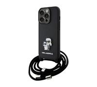 KARL LAGERFELD KLHCP15XSAKCPSK Coque Rigide pour iPhone 15 Pro Max 6,7" Noir Crossbody Saffiano Metal Pin Karl & Choupette