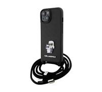 KARL LAGERFELD KLHCP15SSAKCPSK Coque pour iPhone 15 6,1" Coque Rigide Noir Crossbody Saffiano Metal Pin Karl & Choupette