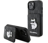 KARL LAGERFELD KLHCP15SSAKCNSCK Coque pour iPhone 15 6,1" Noir Rigide Saffiano Cardslots et Support Monogramme Choupette