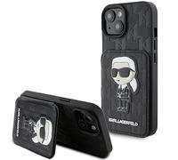 KARL LAGERFELD KLHCP15SSAKKNSCK Coque pour iPhone 15 6.1" Noir étui Rigide Saffiano emplacements pour Cartes et Support Monogramme Ikonik Patch