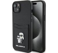 KARL LAGERFELD KLHCP15SSAPKCNPK Coque pour iPhone 15 6.1 "étui Rigide Noir Saffiano Fente pour Cartes Karl & Choupette Broche en métal