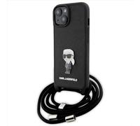 KARL LAGERFELD KLHCP15SSASKNPSK Coque pour iPhone 15 6,1" Coque Rigide Noir Crossbody Saffiano Monogramme Metal Pin Karl & Choupette