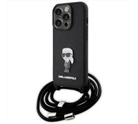 KARL LAGERFELD KLHCP15XSASKNPSK Coque pour iPhone 15 Pro Max 6,7" Étui Rigide Noir Crossbody Saffiano Monogramme Metal Pin Karl & Choupette