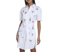 Karl Lagerfeld Poplin Shirt Dress with Tie Waist Robe décontractée, Blanc/Blithe BL Multi, Taille M Femme