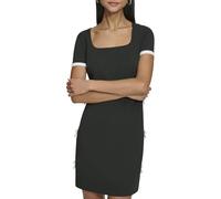 Karl Lagerfeld Short Sleeve Square Neck Bow Embellished Shift Mini Dress Robe de Cocktail, Noir/Blanc Doux, 42 Femme