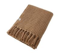 KARL - Plaid à Franges 100% Recyclé Tissage Nid d'abeilles 180x220cm Camel