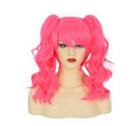 Karlery Femme Perruque Longue Bouclée Rose vif avec Double Queue De Cheval Perruque Perruque Lolita Clip En Griffe Épaisse Cordon De Serrage pour Carnaval Halloween Cosplay Déguisement Party
