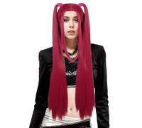 karlery Femmes Longue Droite Rose vif Perruque avec 2 queues de cheval Dessin animé Anime Film Cosplay Perruque Adulte Résistant à la chaleur Fibre synthétique Brethable pour Halloween Costume Party