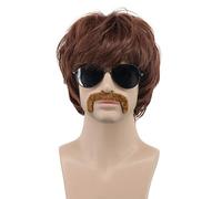 Karlery Homme Perruque Courte Ondulée Bordeaux Brune avec Moustache | Perruque Disco de Chanteur Vintage des Années 60 et 70 pour la Fête Halloween Costume