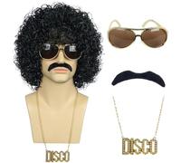 Karlery Perruque Courte Bouclée Noire Avec Moustache et Lunettes et Collier Doré pour Hommes des Années 70 et 80 Perruque Disco Afro Rocker Respirant Gonflante pour la Fête Halloween Costume Party