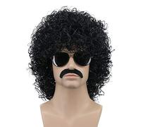 Karlery Perruque Courte Bouclée Noire Avec Moustache pour Hommes des Années 70 et 80 Perruque Disco Afro Rocker Respirant Gonflante pour la Fête Halloween Costume Party