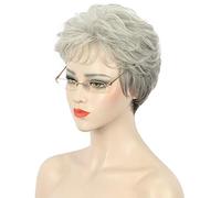 Karlery Perruque Courte Grise Ondulée de Vieille Femme Regard Naturel au Quotidien pour Carnaval Halloween Cosplay Déguisement Party