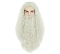 Karlery Perruque Longue Bouclée Grise avec Barbe pour Hommes Perruque de Sorcier Wizard pour Halloween Cosplay Déguisement Party