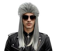 Karlery Perruque Longue Droite Gris et Argent Ombrée pour Homme et Femme Perruque Mulet des Années 70 et 80 de Rocker Punk Respirante Taille Ajustable pour la Fêtes d’Halloween Costume Party