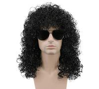 Karlery Perruque Longue Frisée Bouclée Noire des Années 70 et 80 Perruque Mulet Afro de Rocker d‘Hommes pour Carnaval Halloween Cosplay Déguisement Party