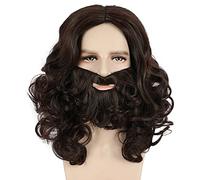 Karlery Perruque Longue Ondulée Brune Foncée avec Barbe de Adulte Homme pour Carnaval Halloween Cosplay Déguisement Party