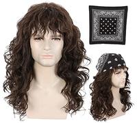 Karlery Perruque longue ondulée marron pour homme avec bandana style années 80 - Style punk rocker, pour déguisement, cosplay, fête