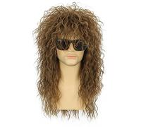 Karlery Perruque Mulet Longue Bouclée Brun Clair pour Hommes Perruque de Rocker Punk des Années 70 et 80 pour Carnaval Halloween Cosplay Déguisement Party
