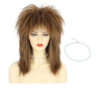 Karlery Perruque Mulet Longue Bouclée Brune avec Collier pour Femme Perruque de Rocker des Années 70 et 80 pour Carnaval Halloween Cosplay Déguisement Party
