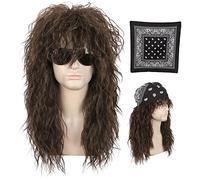Karlery Perruque Mulet Longue Bouclée Marron pour Hommes Perruque de Rocker Punk des Années 70 et 80 pour Carnaval Halloween Cosplay Déguisement Party