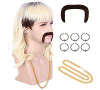 Karlery Perruque Mullet des années 70 et 80 - Longue vague - Racines foncées - Moustache avec 6 boucles d'oreilles et collier doré - Pour Halloween et cosplay