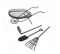 KARLOR Kit de jardin miniature en métal, 4 pièces, brouette décorative avec pelle, râteau et hache, brouette en fil métallique, accessoires de jardin, mini outils de jardin, ornement en fer pour table